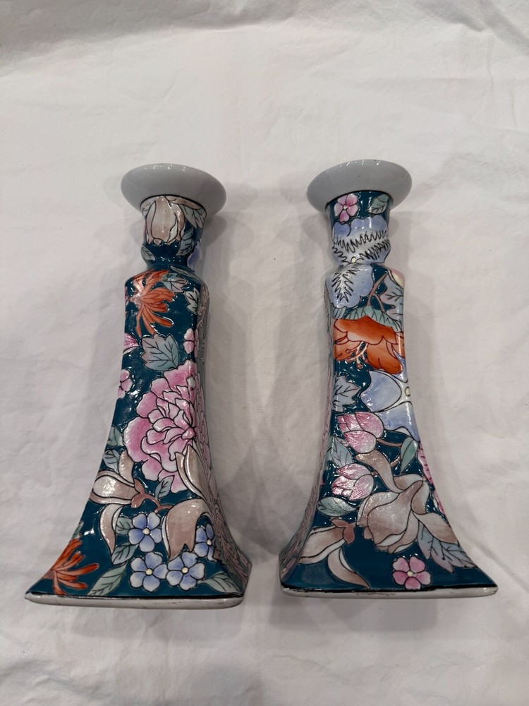 Neiman Marcus Candle Holders Blue Pink Floral Ceramic Set of 2