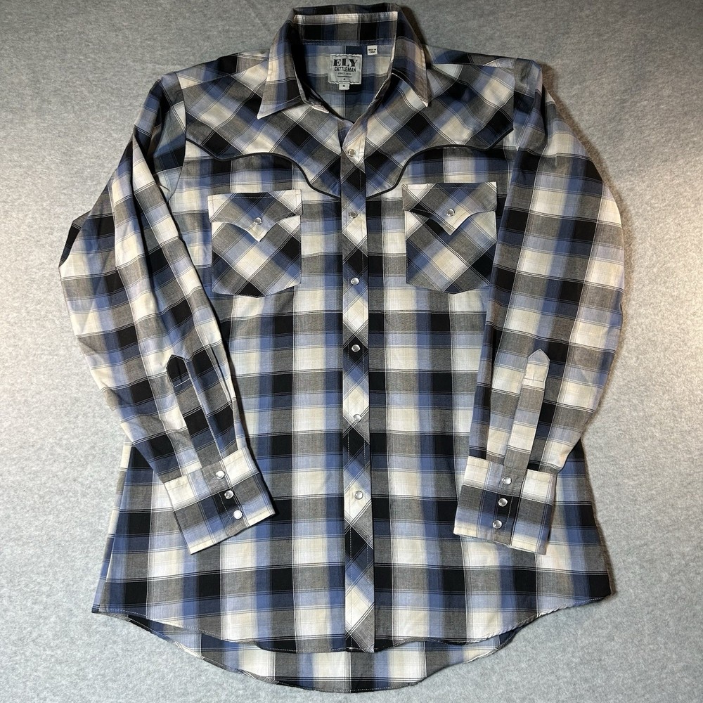 Ely Cattleman Western Shirt Mens M Pearl Snaps Blue White Plaid Cowboy Rodeo