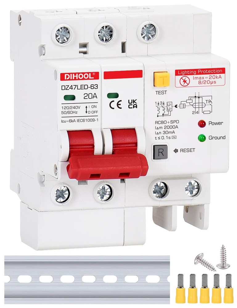 Ground Fault Circuit Breaker with Voltage Surge Arrester Protection, 20 Amp A...