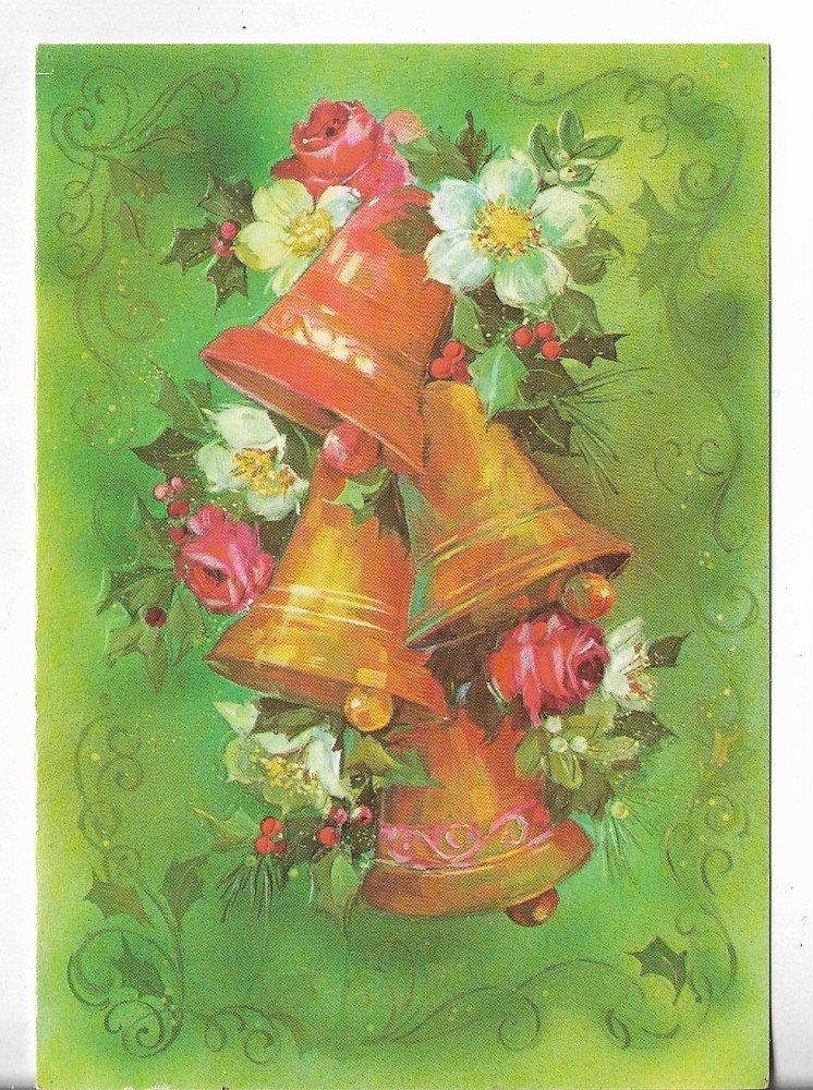 Used Vtg Christmas CARD-apx 4.5x6.5 Green Card Gold Bells Pink Roses