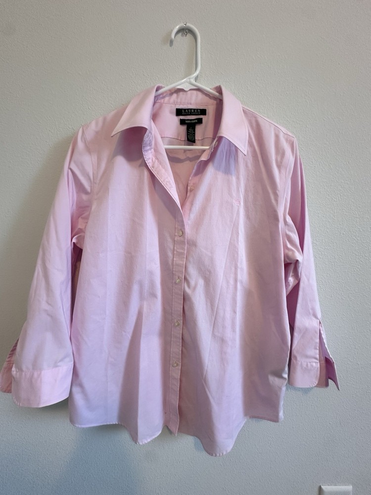 Lauren Ralph Lauren Pink Button-Down Shirt Women's L Preppy Logo Collared Pastel
