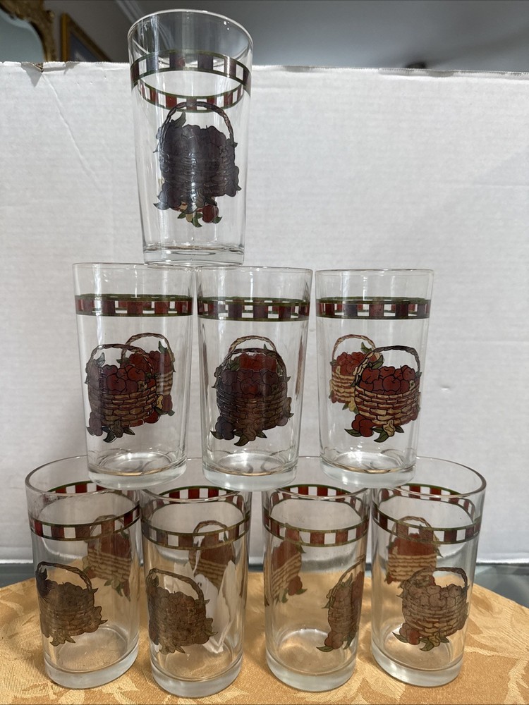 Vintage Set (8) Tumbler Glasses Basket of Apples 5.5