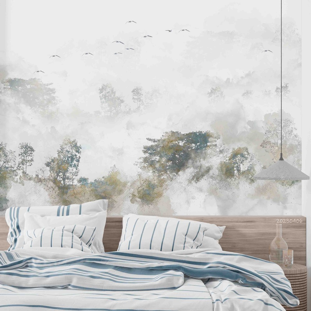 3D Forest Bird Abstract Watercolor Self-adhesive Removable Wallpaper Murals-image