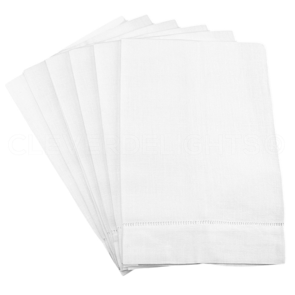 White Linen Hemstitched Hand Towels 6-Pack 14x22 Fingertip Towels