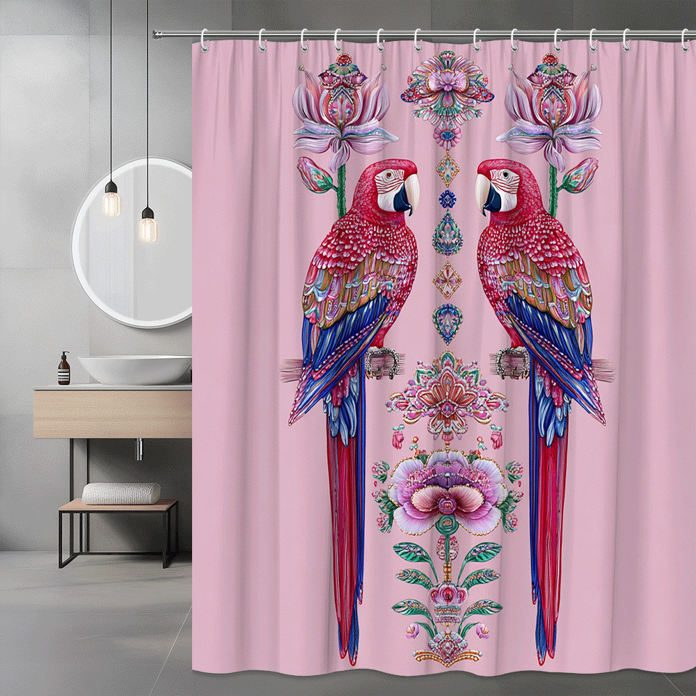 Pink Parrot Floral Shower Curtain, Tropical Bird Print