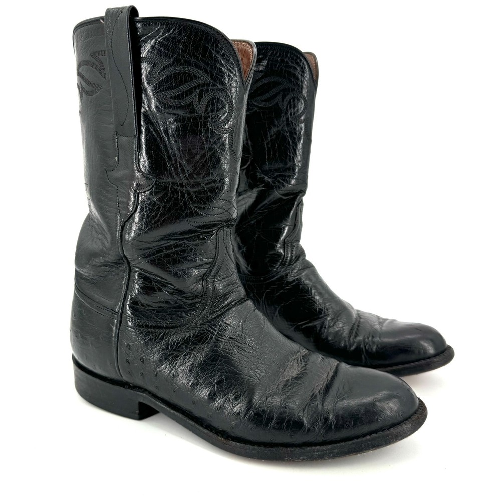 Lucchese Mens 7.5 D Black Ostrich Roper Leather Boots Handmade USA L5067