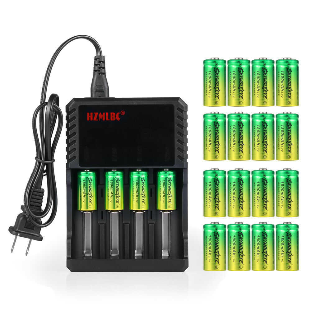20pcs SkyWolfEye 16340 Battery 3.7V 1800mAh Rechargeable Cell + 4 Slot Charger