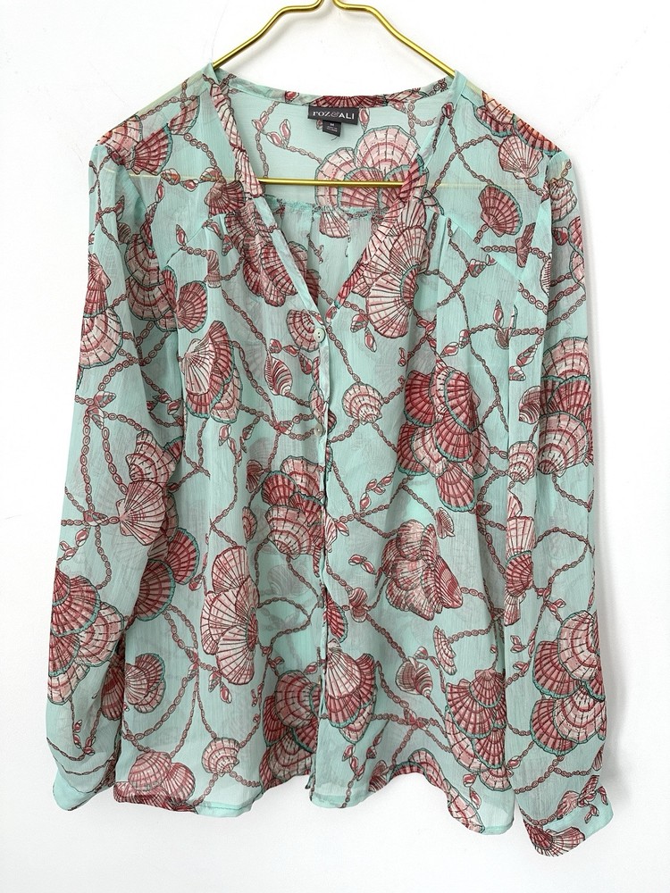 Roz & Ali Teal Pink Sea Shell Beach Semi Sheer Button Front Flowy Top Medium