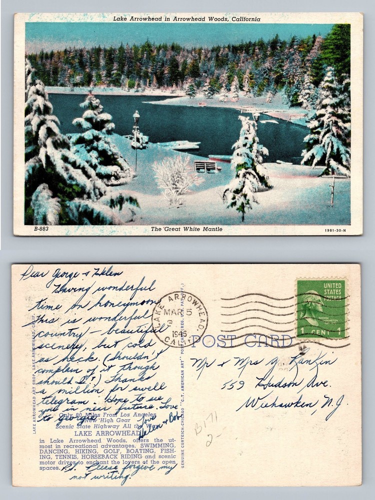 Lake Arrowhead, CA-California, Snowy Winter Lake Scene Vintage Postcard