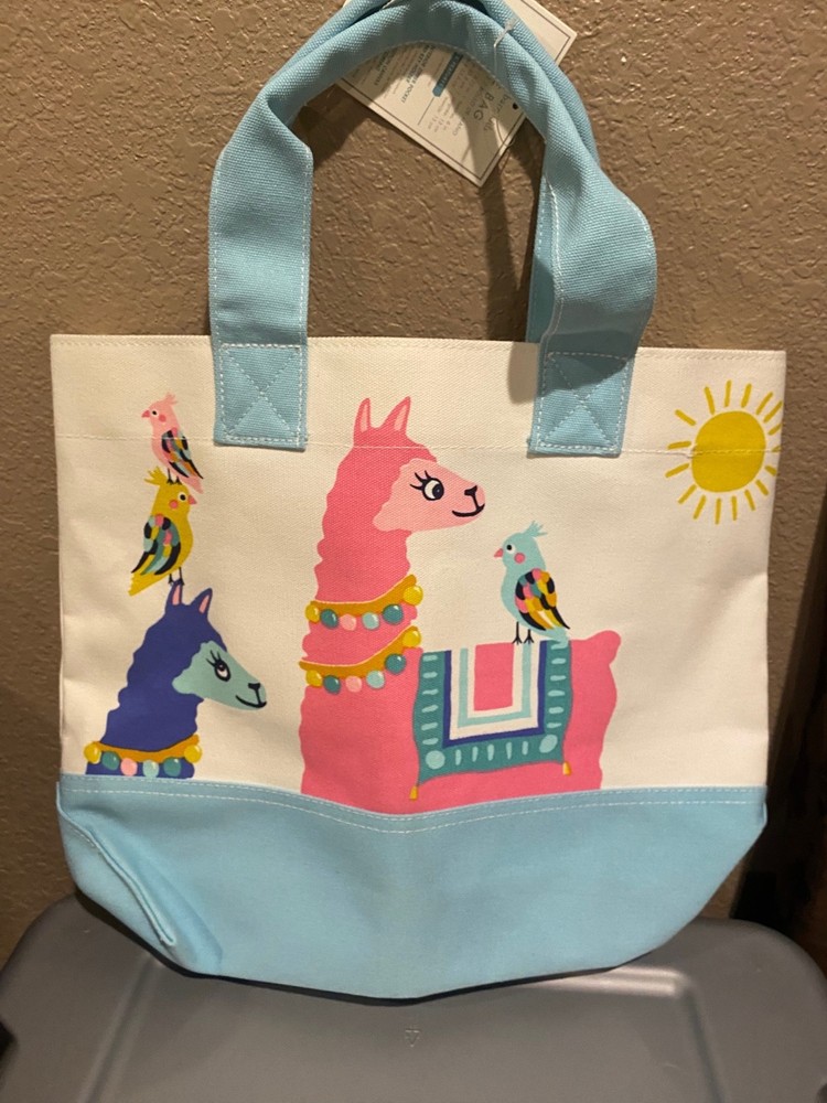 NWT Pottery Barn Kids Canvas Tote Bag Llama Parakeets Blue Cream Beach School