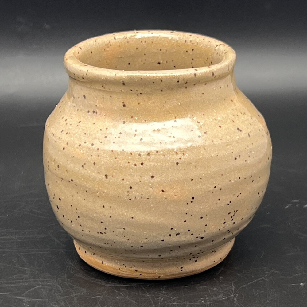 Studio Art Pottery Bud Vase Jar By CM Stamped Tan Brown Speckled Glaze Ceramic