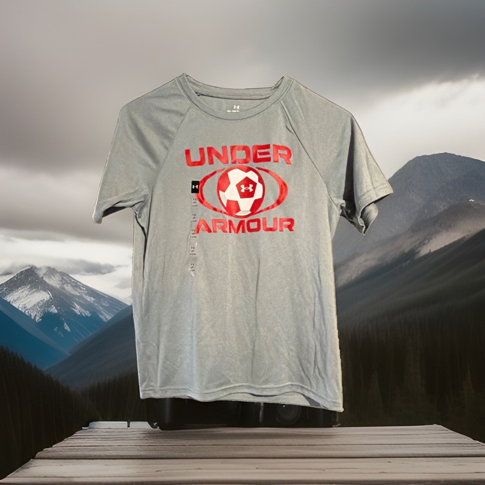 Under Armour Boys YXL Gray/Red Logo Graphic Crew Neck Short Sleeve T-Shirt