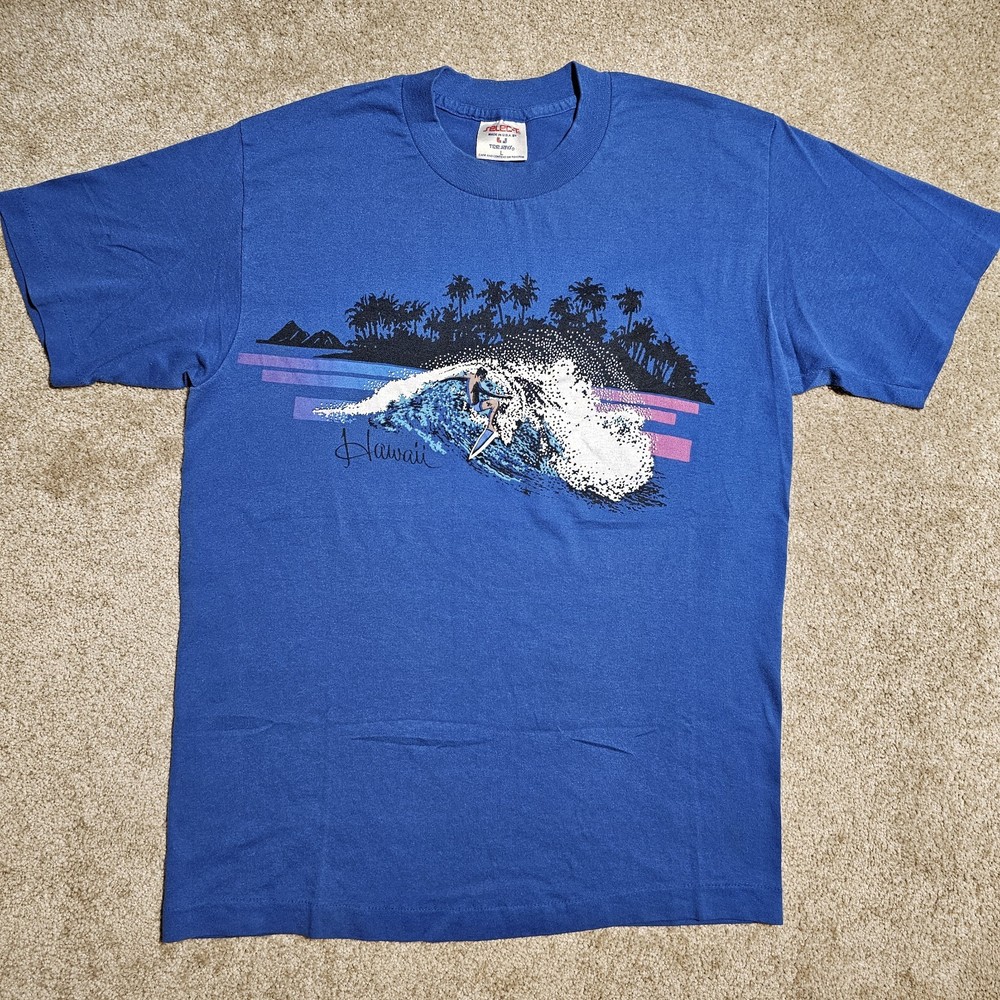 Vtg 80s TEE JAYS Hawaii Wave Surfer Large Single Stitch T-Shirt Skate Indie Punk