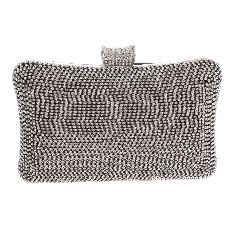 Silver Tone Metal Handle Rhinestone Black Clutch Evening Bag TLX156-BLK