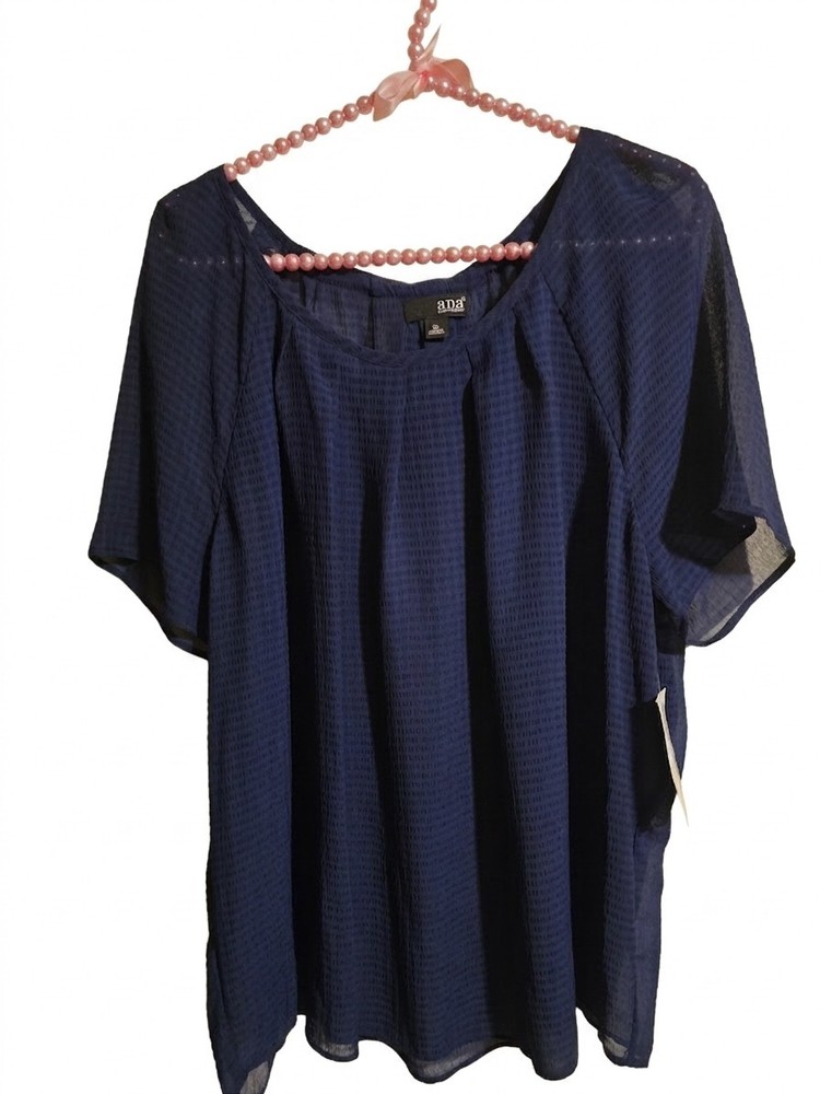 a.n.a A New Approach Chiffon Short Sleeve Blouse Round Neck Navy Blue XL