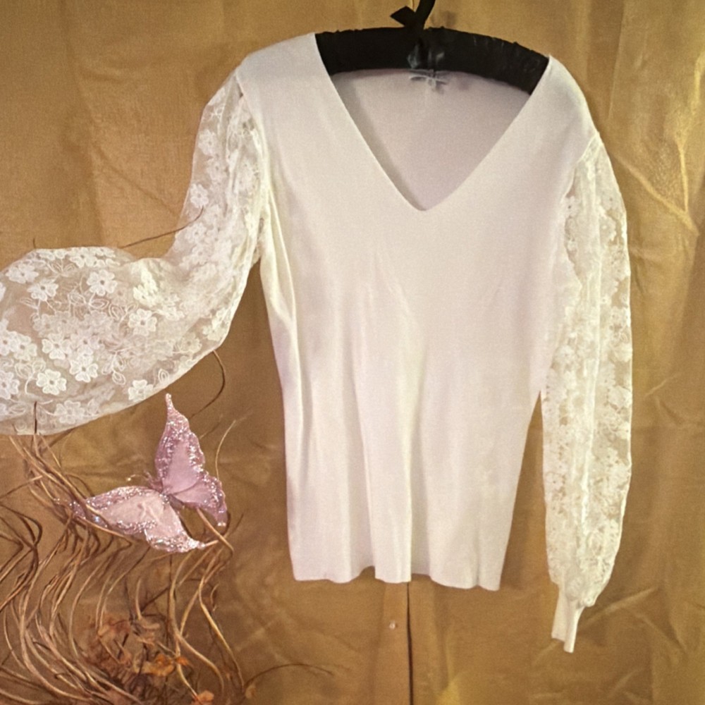 Sioni White Knit Floral Lace Balloon Sleeve V-Neck Pullover Blouse M