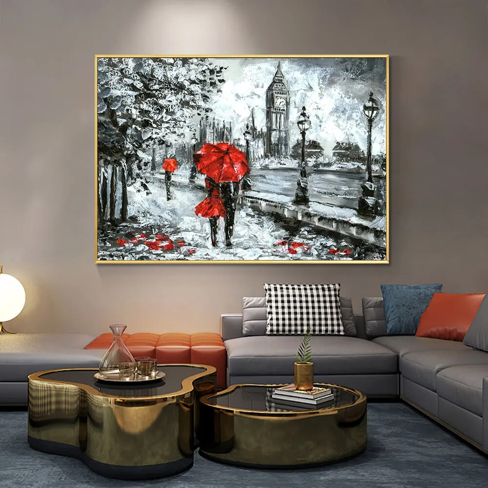 Abstract Painting On Canvas People With Red Umbrellas Poster And Print Wall Art-image