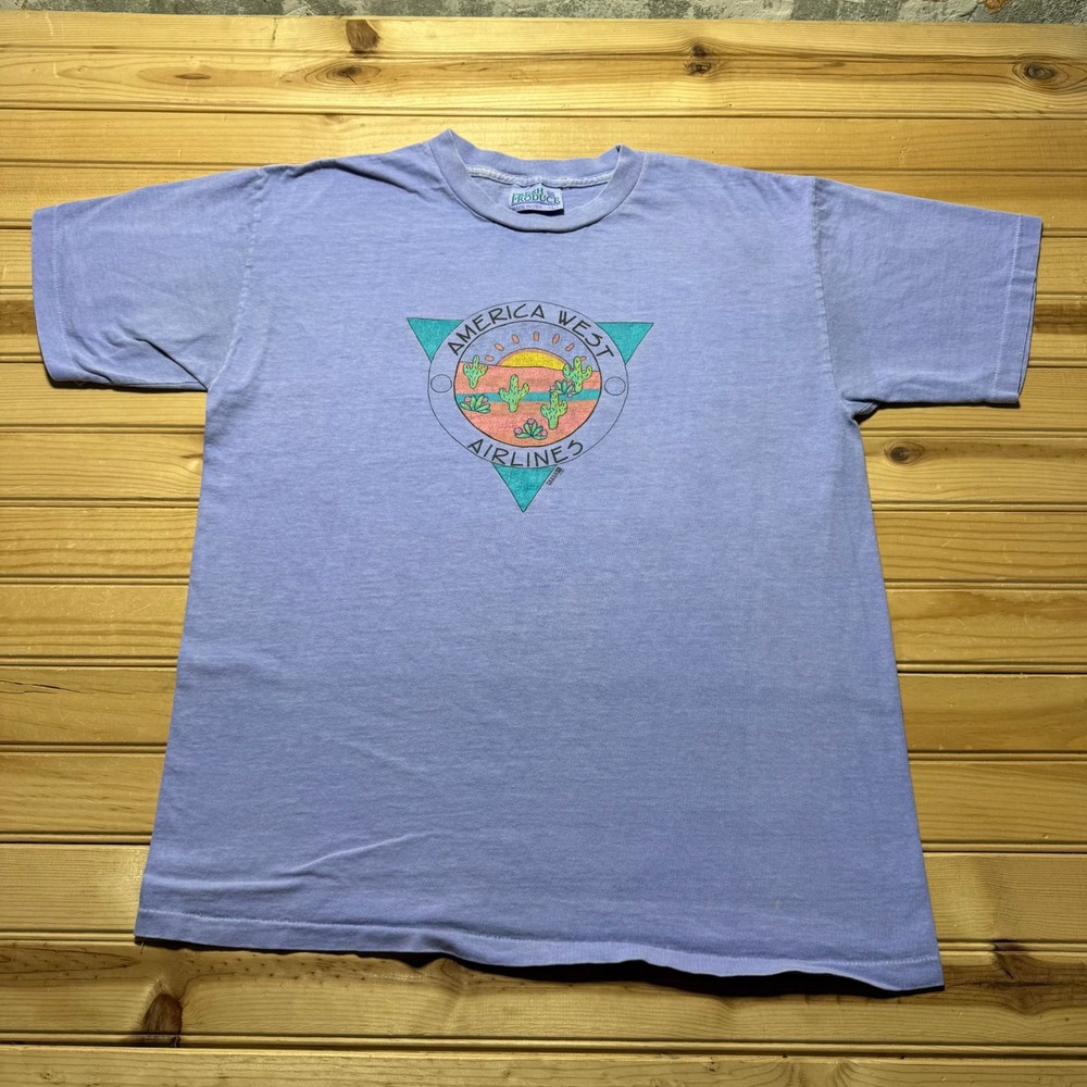 Vintage 90s America West Airlines Desert Cactus Sun Western T-Shirt USA - Large