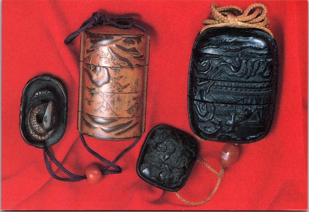 Japanese Inro Postcard Boxwood Medicine Cases Traditional Lacquer Artifacts