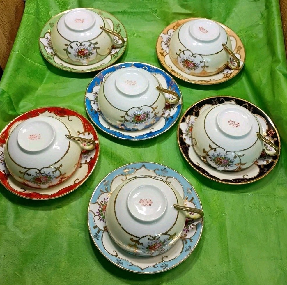 Ardalt Lenwile Bone China Cups & Saucers Occupied Japan Hand Painted (12 Pc Set)