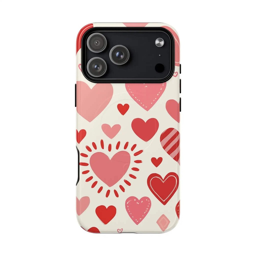 Heart Pattern Tough iPhone Case — Cute Red & Pink Hearts Protective Cover (MagSa