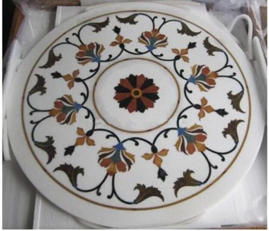 24-Inch White Marble Round Coffee Table with Gemstone Inlay for Home Decor