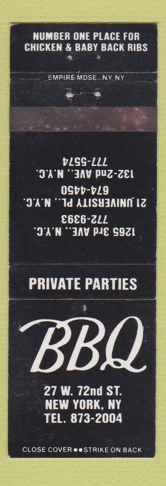 Matchbook Cover - BBQ Restaurant New York City