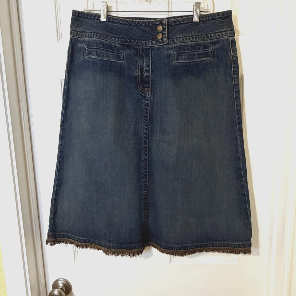 Cabi Womens Denim A-Line Midi Skirt Size 12 Indigo Frayed Hem Western Y2K