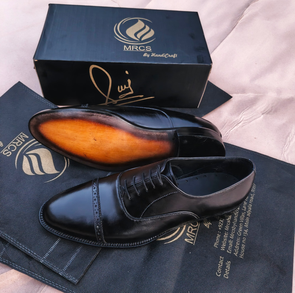 Men’s Handmade Black Leather Cap Toe Oxford Dress Shoes – Classic Formal Lace-U