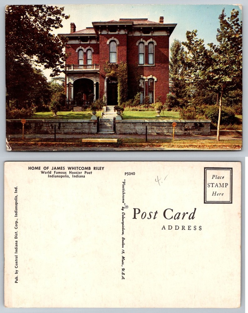 James Whitcomb Riley Home Postcard Indianapolis Indiana Plastichrome