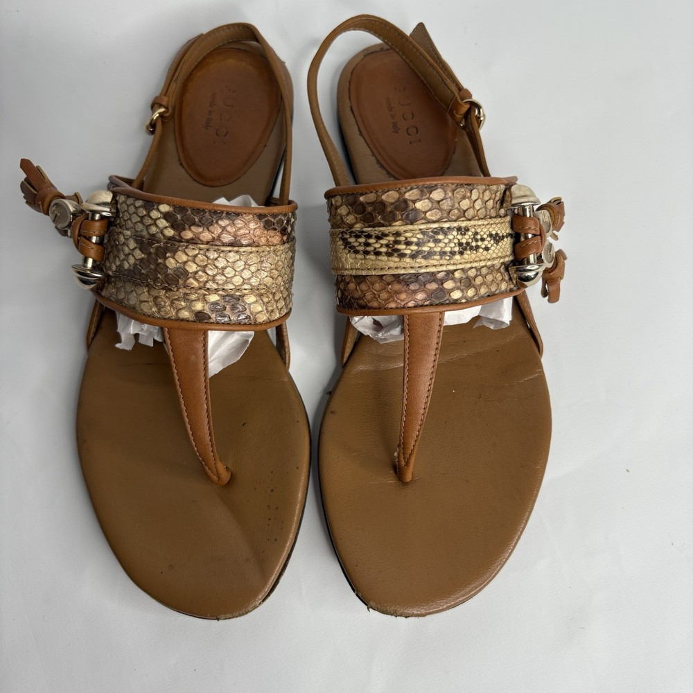 GUCCI Brown Leather GG Horsebit T-Bar Thong Sandals Size 36
