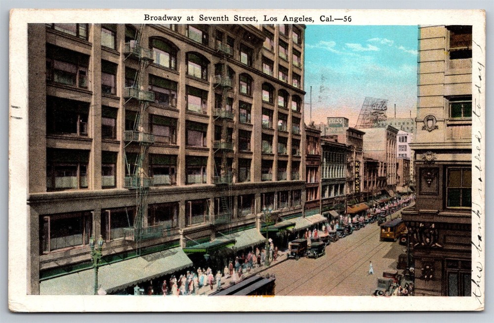 Broadway & 7th St Birdseye Trolley Cars Stores Los Angeles CA C1930 Postcard AC7