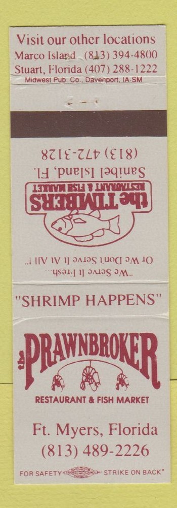 Matchbook Cover - Prawnbroker Fish Market Sanibel Island Fort Myers FL WEAR