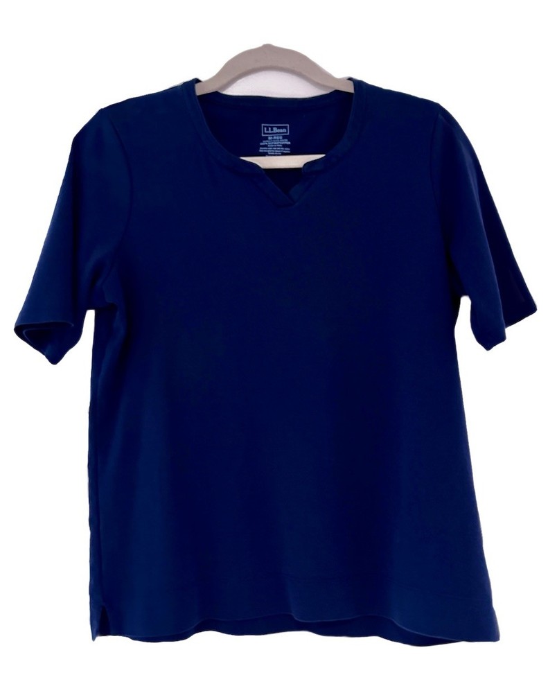 LL Bean Women’s Notch Neck Tee 100% Supima Cotton Navy Blue Short Sleeves Medium