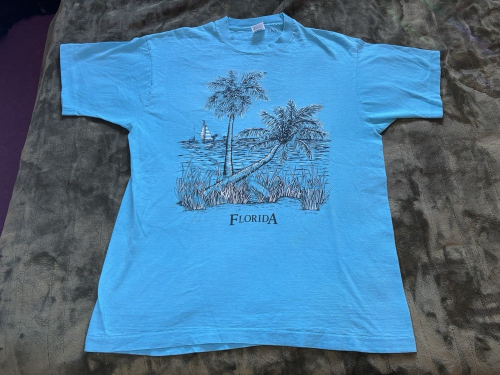 Vintage Florida Shirt Mens XL Blue Palm Tree Beach Sail Boat Ocean Sailing Art
