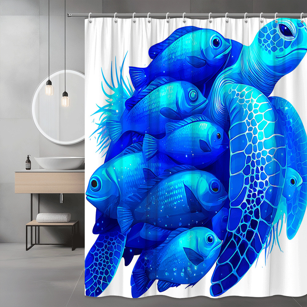 Blue Sea Turtle and Fish Shower Curtain Ocean Graphic
