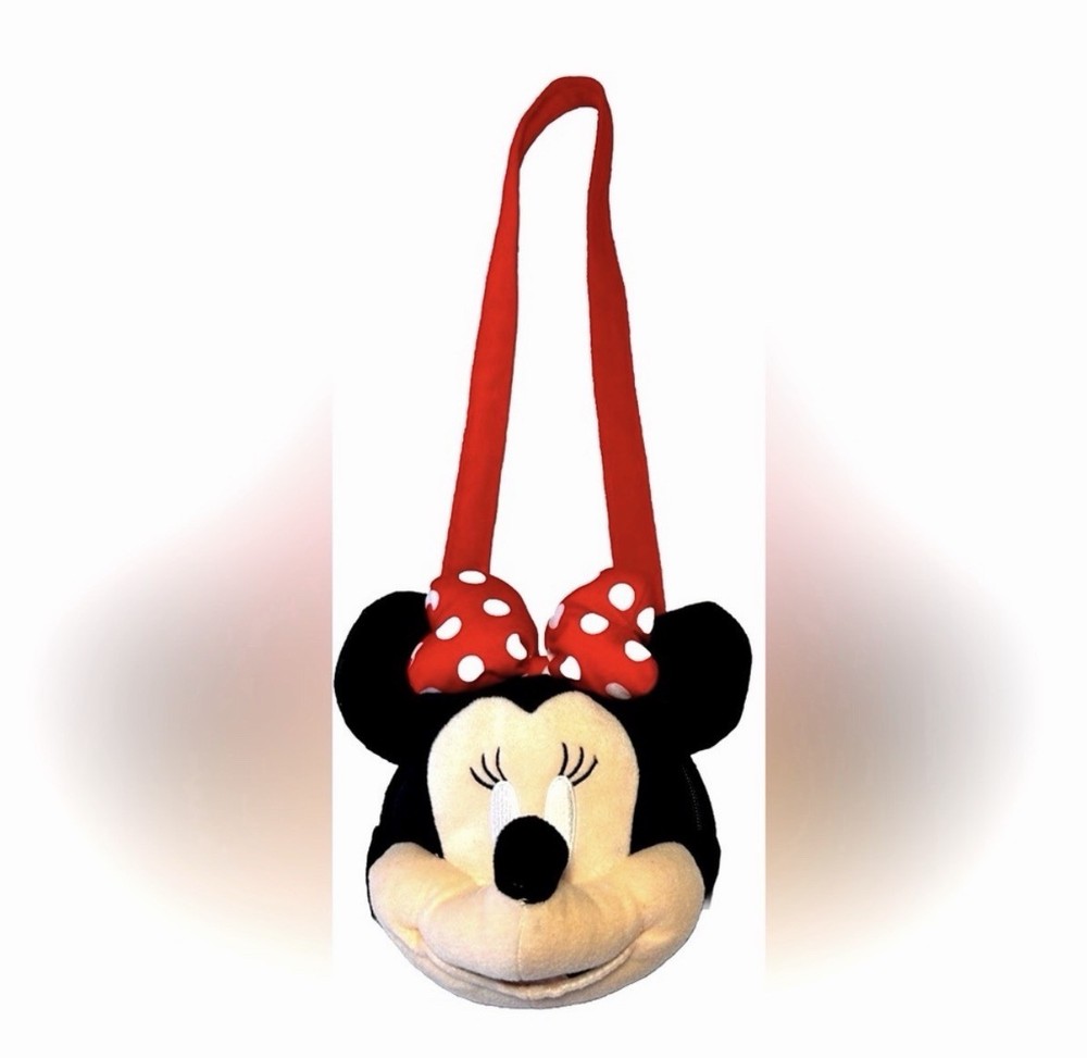 Disney Minnie Mouse Plush Head Purse Shoulder Bag Red Polka Dot Bow Zip Bag 2016
