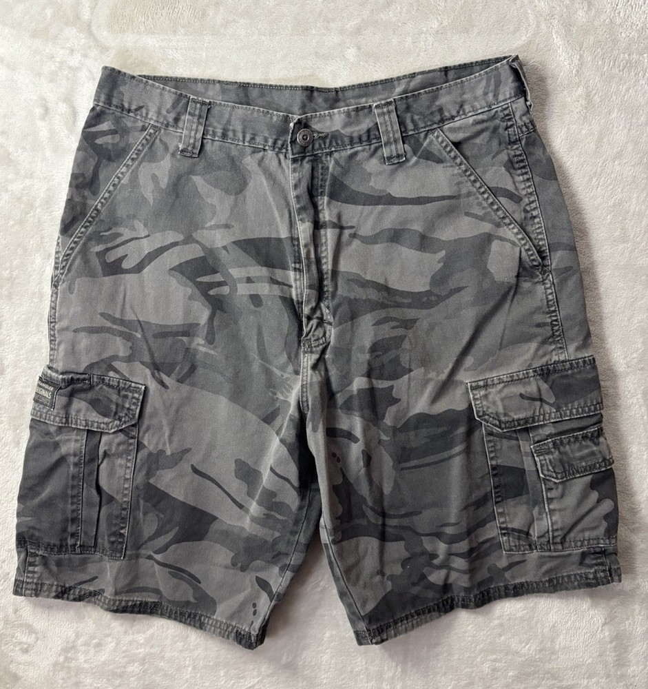 Wrangler Cargo Shorts Mens 34 Gray Camo Utility Loose Fit Military Casual