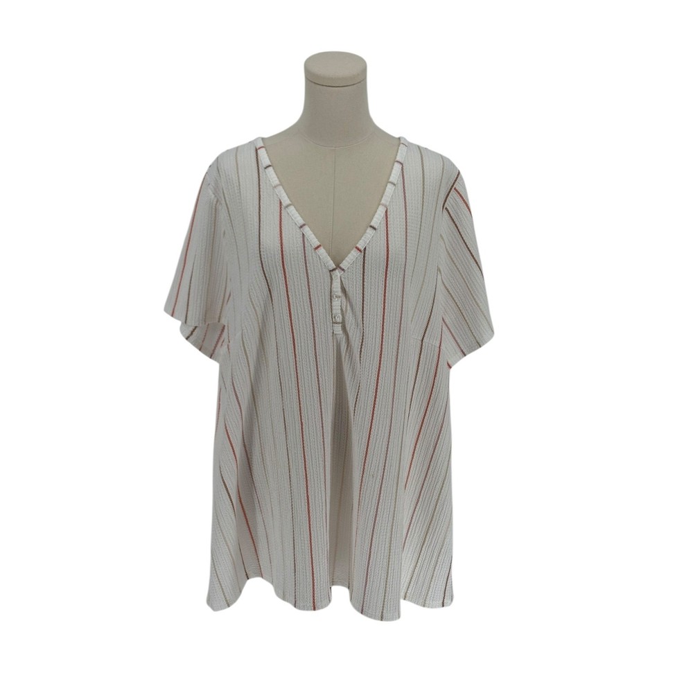 Lane Bryant Women's White Striped V-Neck Button Front Top Plus Size 22 24