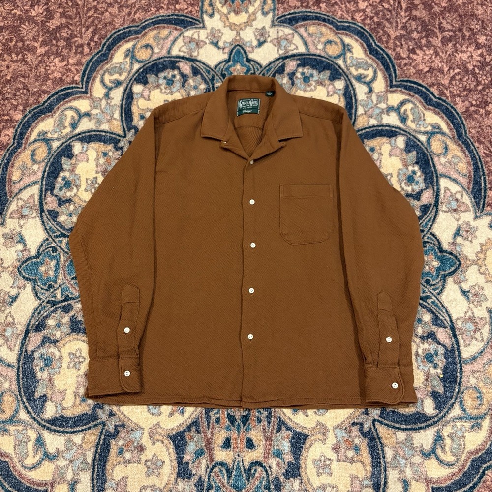 Gitman Bros Vintage Loop Collar Shirt Brown Made In USA Medium Long Sleeve