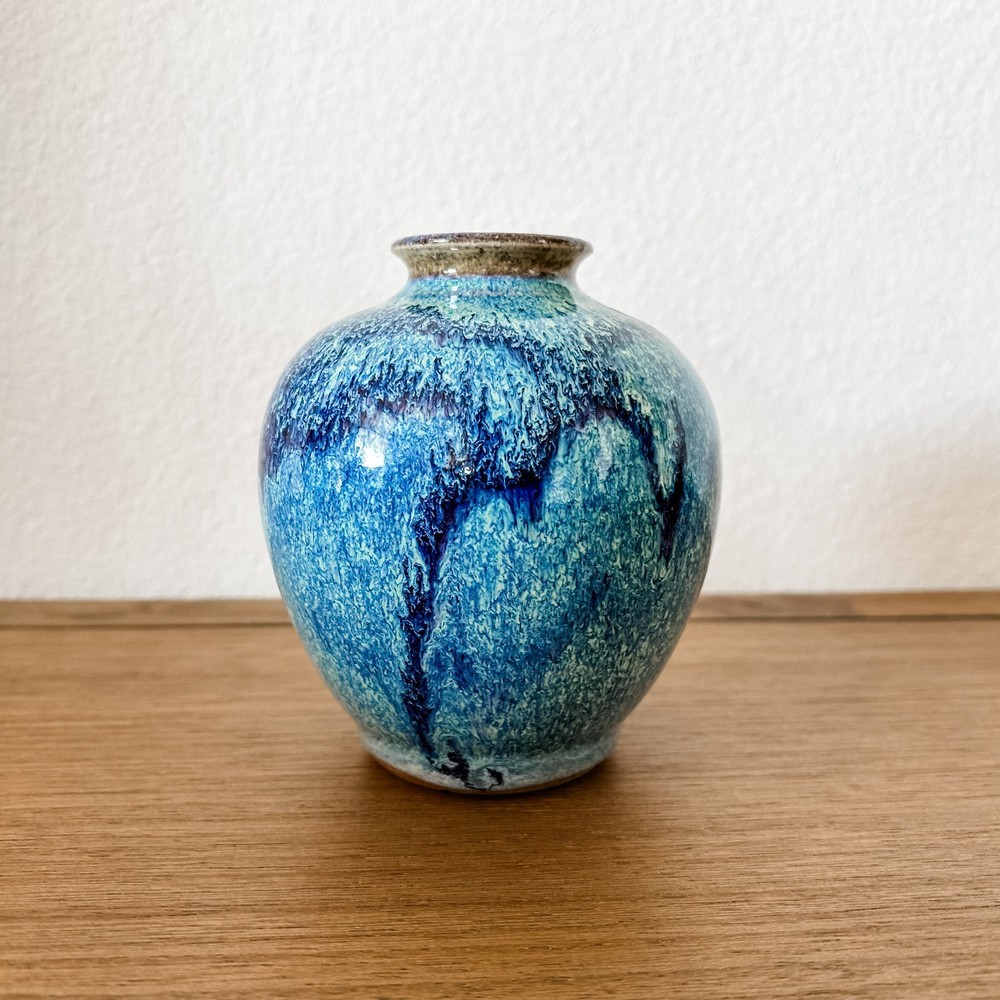 Signed Studio Pottery Bud Vase 5” Turquoise Brown Drip Glaze Ceramic Art Decor