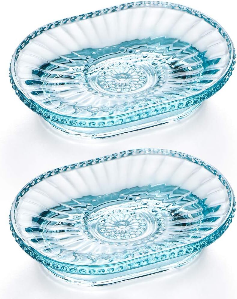 MDUU Decorative Blue Glass Soap Dish with Embossed Bar Holder