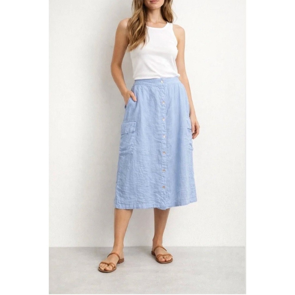 C&C California Light Blue 100% Linen Cargo Midi Skirt Button Front Womens Medium