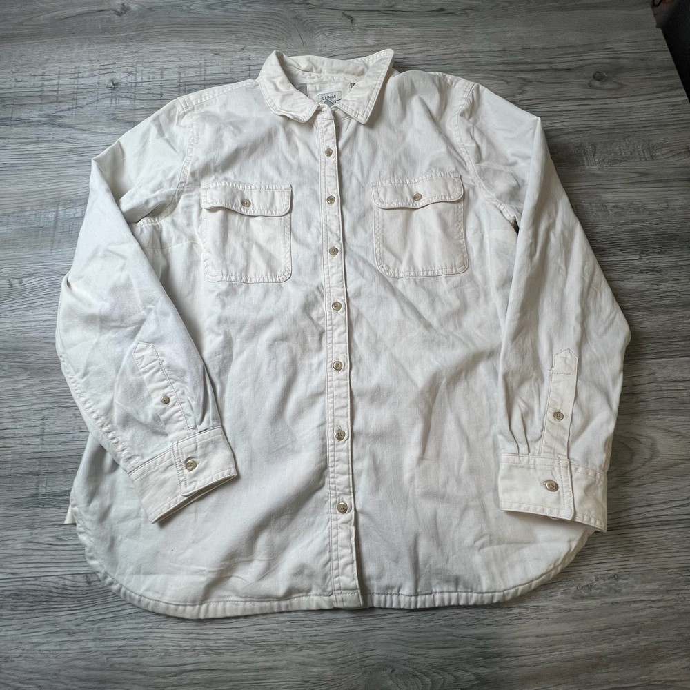LL Bean Flannel Lined Shirt Womens Large Cream Cotton Canvas Shacket 513965