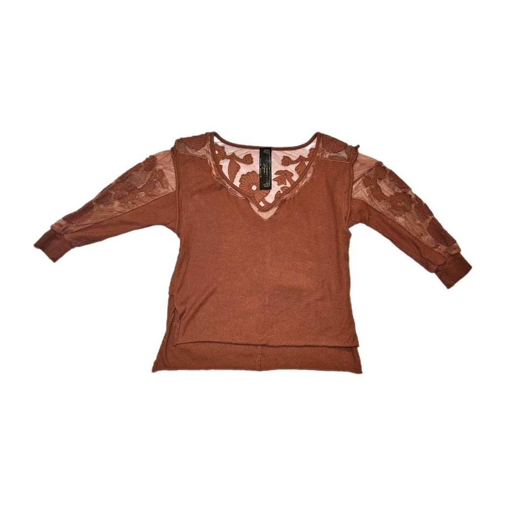 Free People Women’s Blouse Lace Trim Top  New Romantics Rust Brown Sz Small