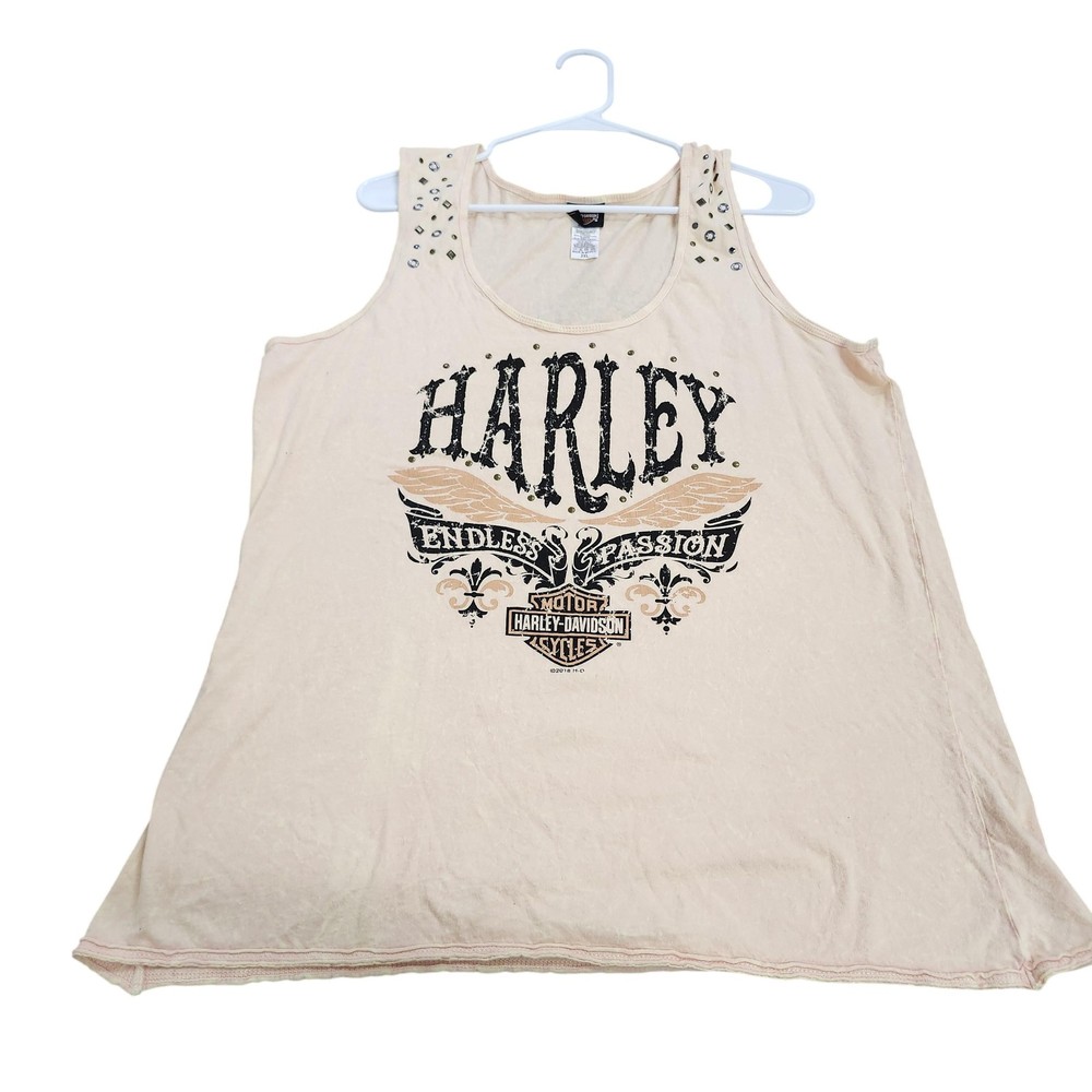 Harley-Davidson Tank Womens 2XL Beige Endless Passion Studded Biker Graphic Top