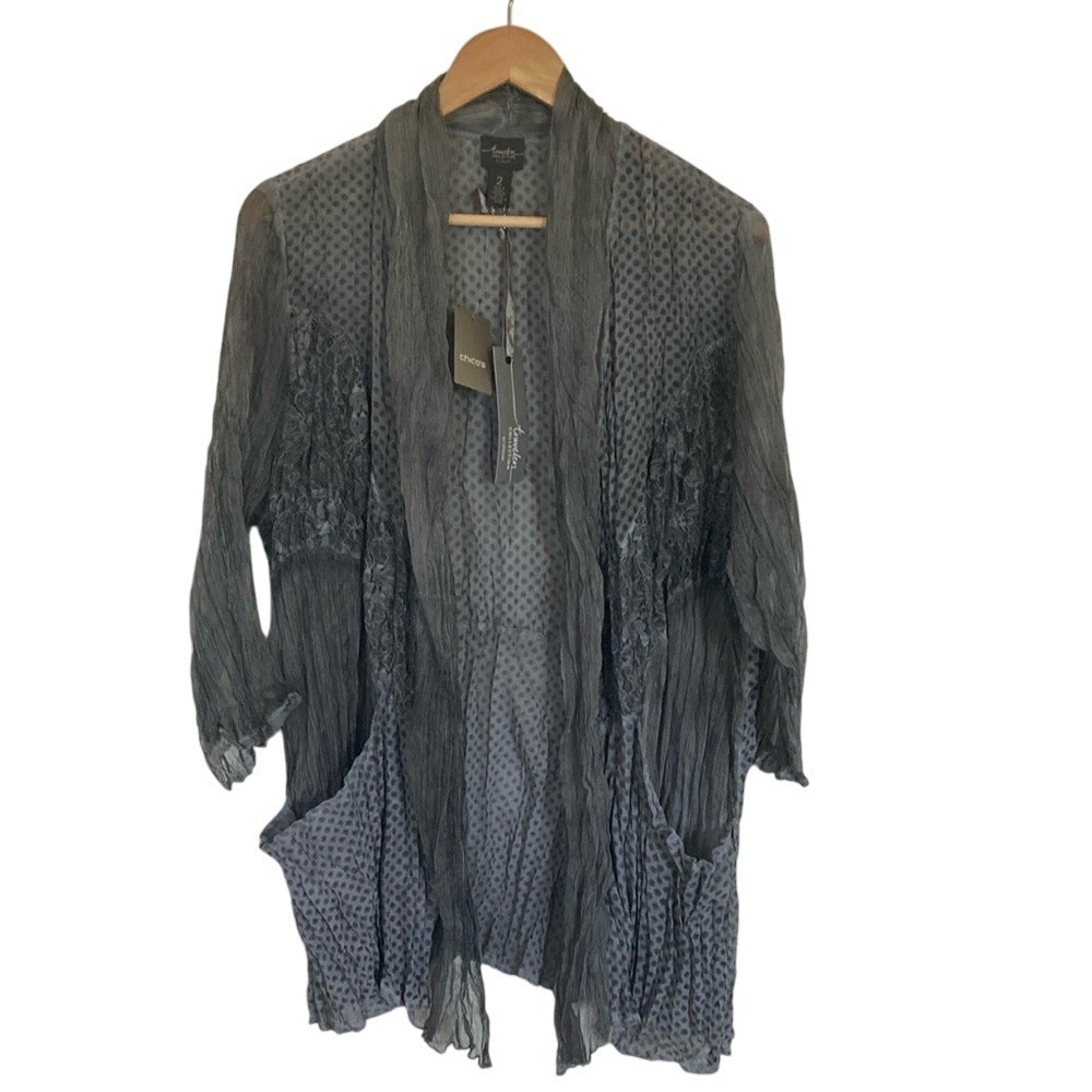Chicos Travelers Womens Sheer Grey Open Front Jacket Cardigan Size Large NWT