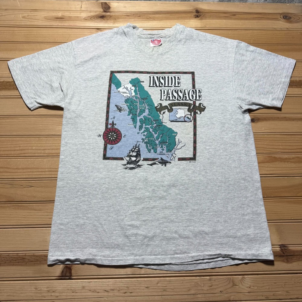 Vintage 90s Inside Passage Alaska Map Graphic Tourist Souvenir T-Shirt USA - XL