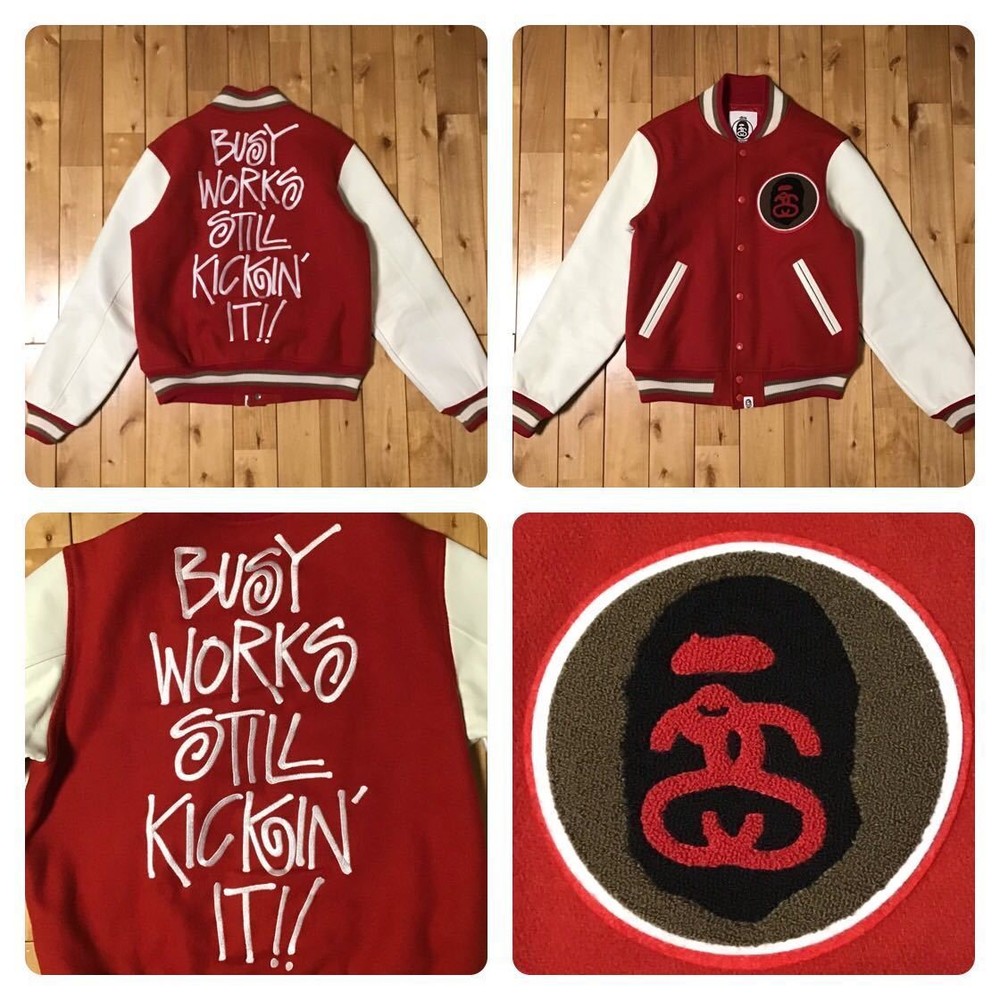 Stussy Bape Sleeve Leather Stadium Jacket M Size Red A Bathing Ape Varsity