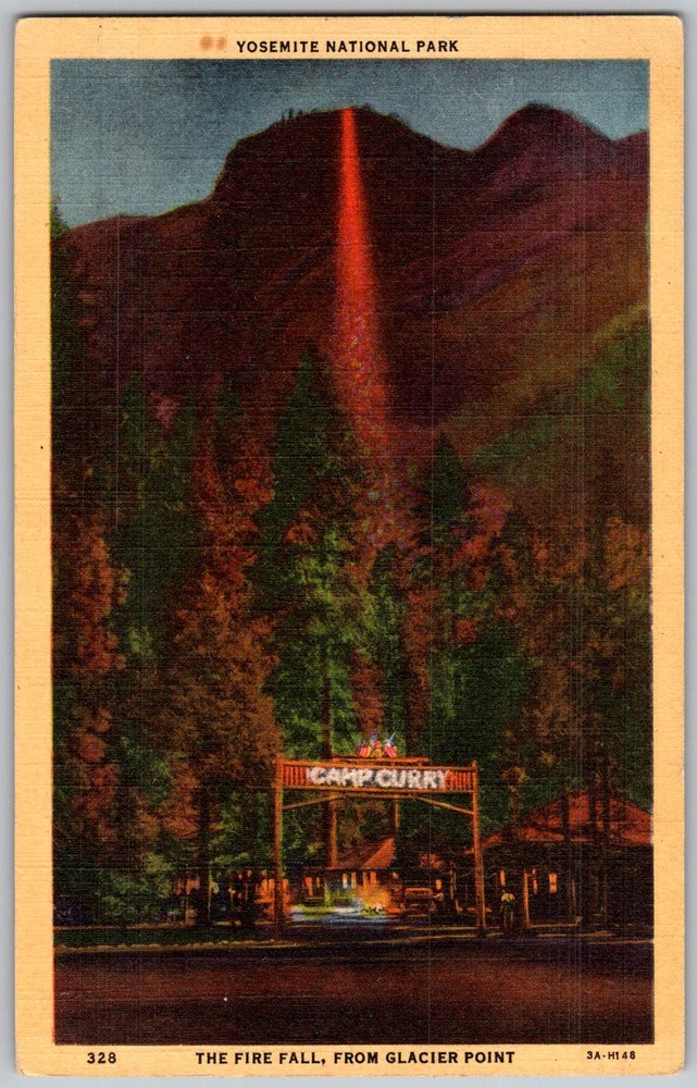 Vtg Linen Postcard Firefall Camp Yosemite National Park, CA 1930s